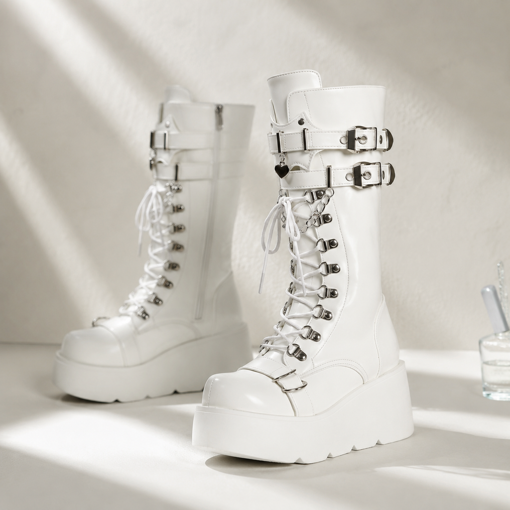 Cream Ivory Cortona Leather Wedge Boots styled scene