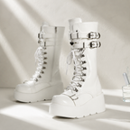 Cream Ivory Cortona Leather Wedge Boots styled scene
