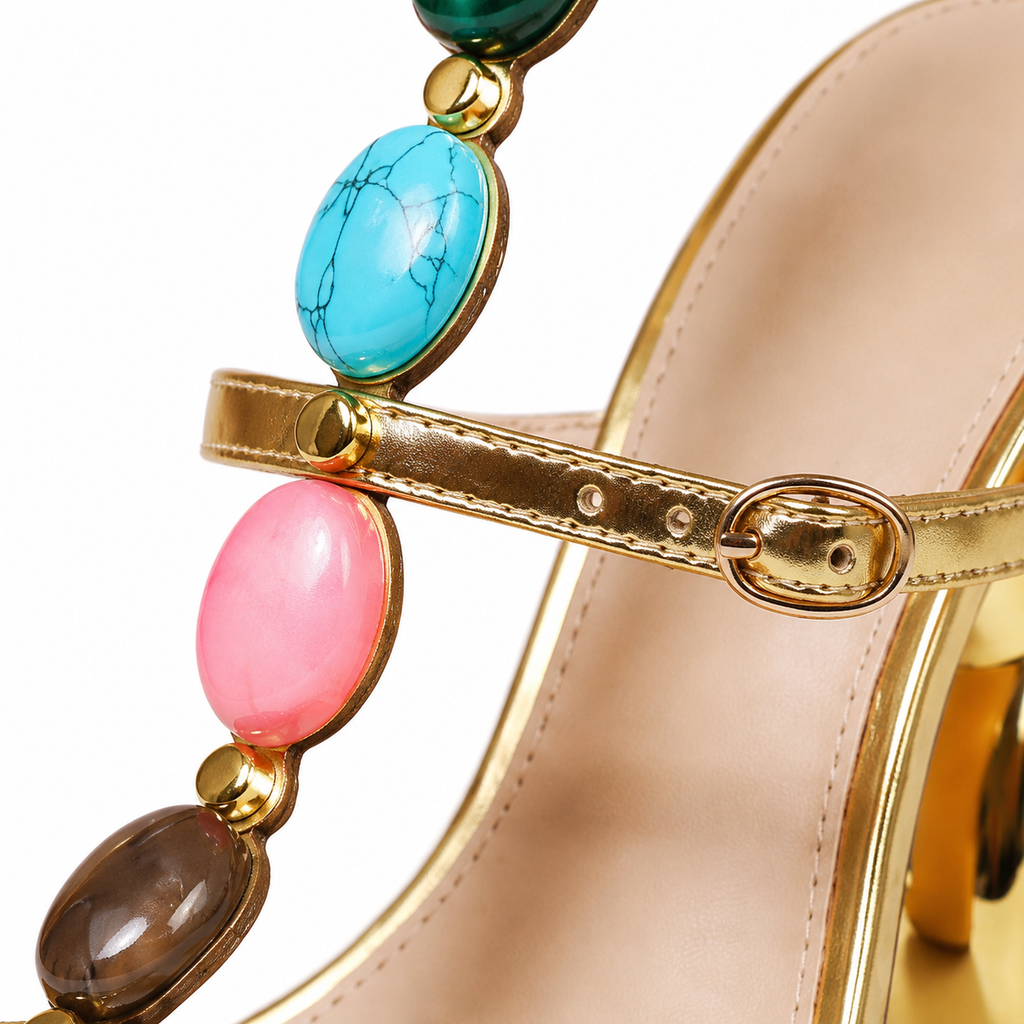 Warm Gold Flavia Microfiber Multi-Strap Sandals close-up detail