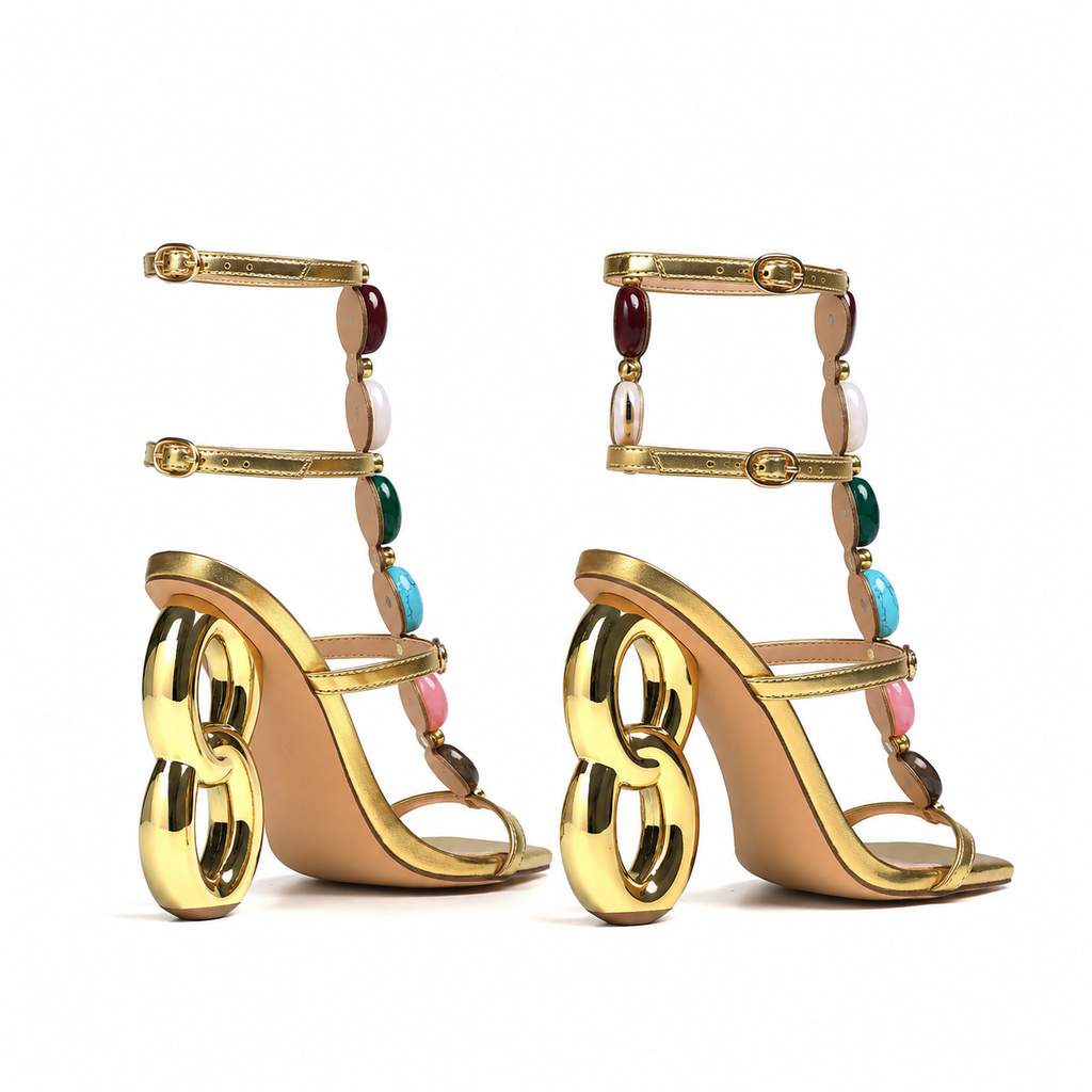 Warm Gold Flavia Microfiber Multi-Strap Sandals heel detail
