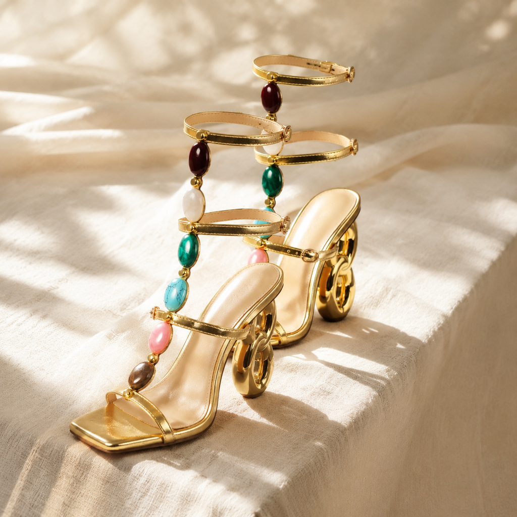 Warm Gold Flavia Microfiber Multi-Strap Sandals styled scene