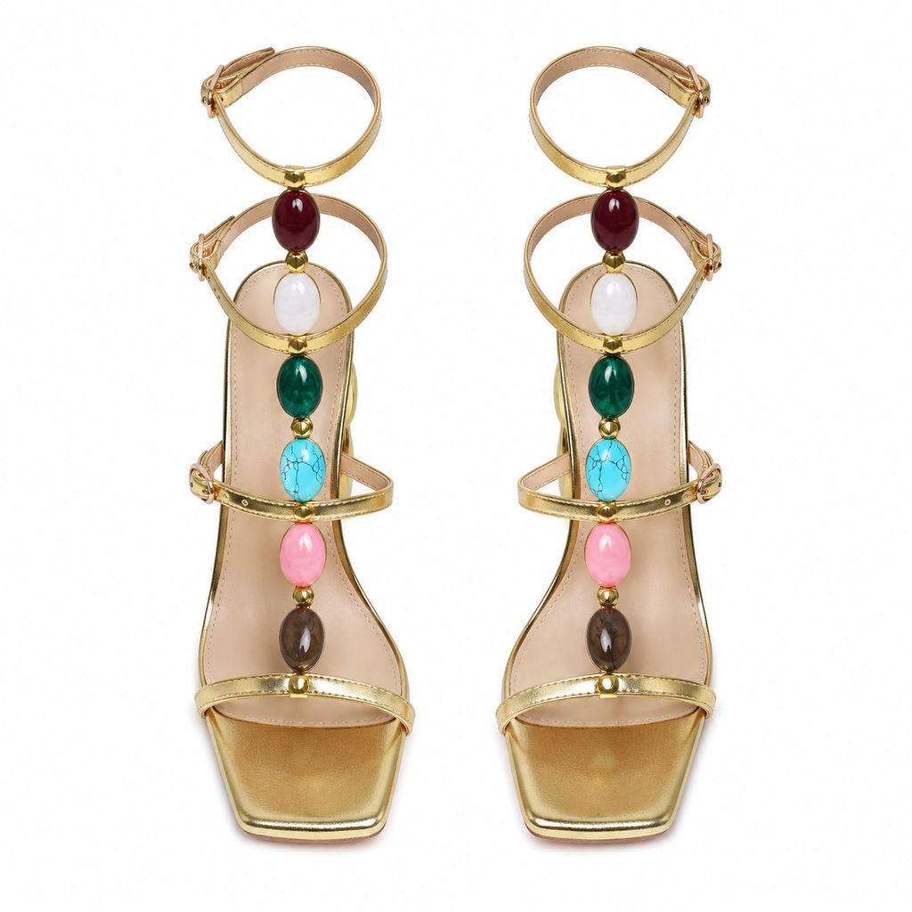 Warm Gold Flavia Microfiber Multi-Strap Sandals top view