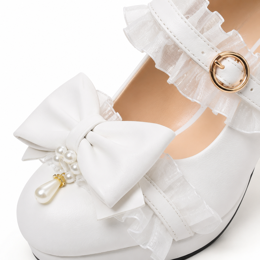 Cream Ivory Women's Round-Toe Block-Heel Microfiber Buckle Platform Sandals close-up detail