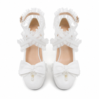 Cream Ivory Women's Round-Toe Block-Heel Microfiber Buckle Platform Sandals top view