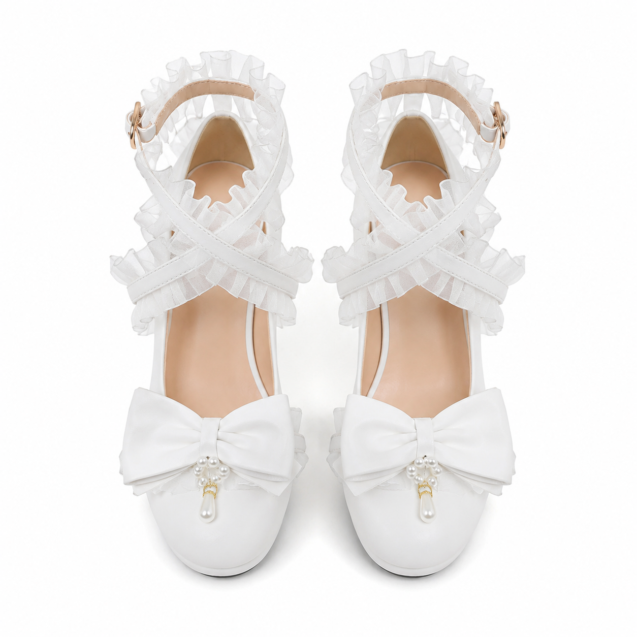 Cream Ivory Women's Round-Toe Block-Heel Microfiber Buckle Platform Sandals top view