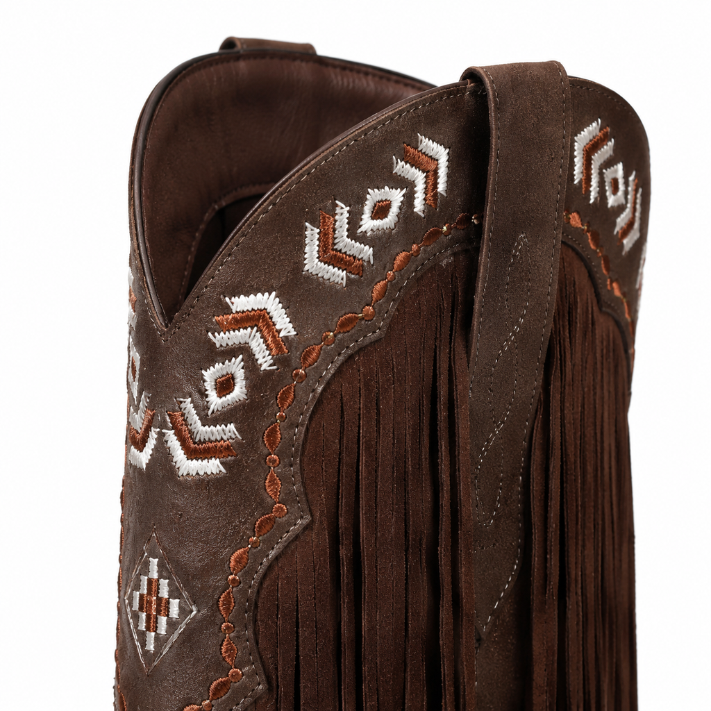 Rich Brown Women's Snip-Toe Sheepskin Leather Embroidered Knee-High Boots close-up detail