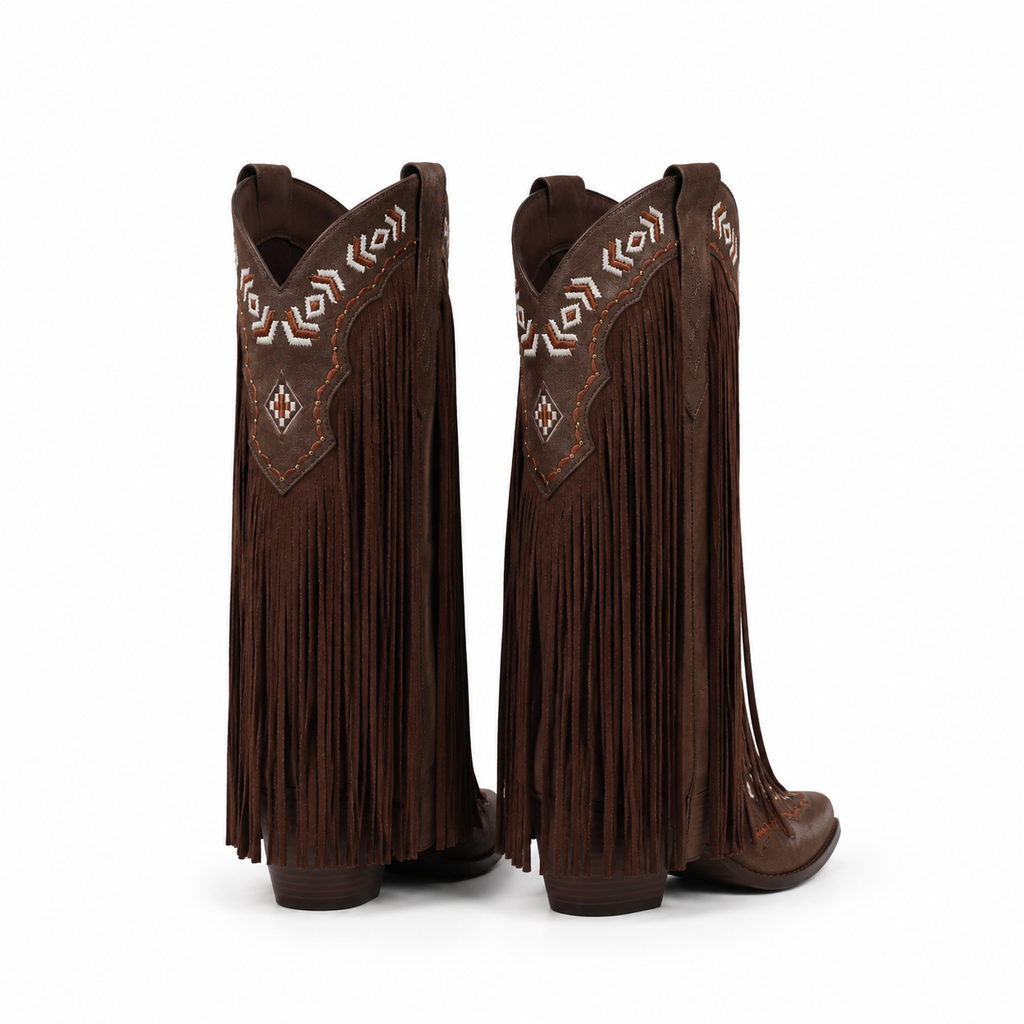 Rich Brown Women's Snip-Toe Sheepskin Leather Embroidered Knee-High Boots heel detail