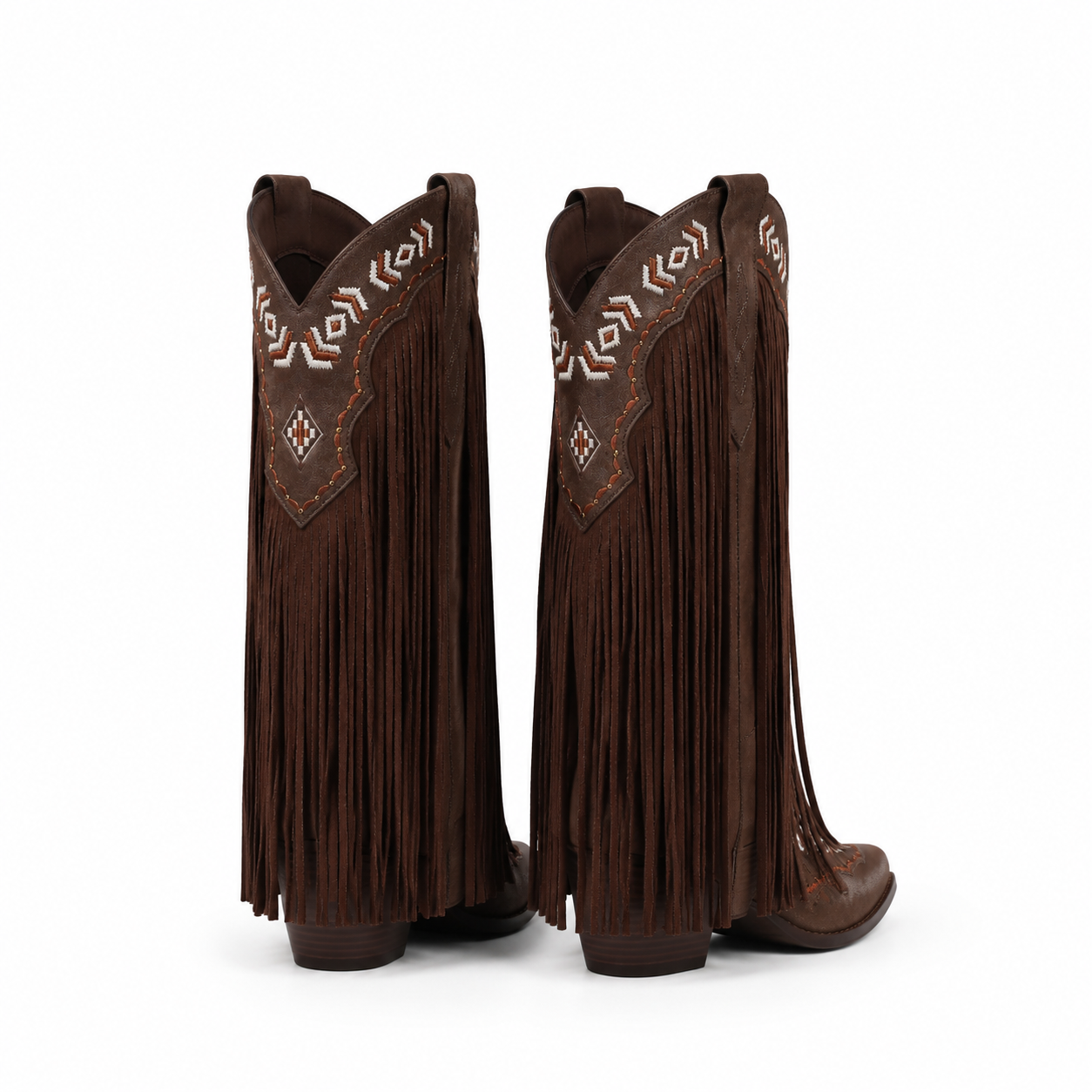 Rich Brown Women's Snip-Toe Sheepskin Leather Embroidered Knee-High Boots heel detail