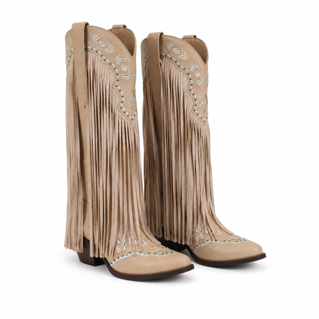 Warm Beige Women's Snip-Toe Sheepskin Leather Embroidered Knee-High Boots