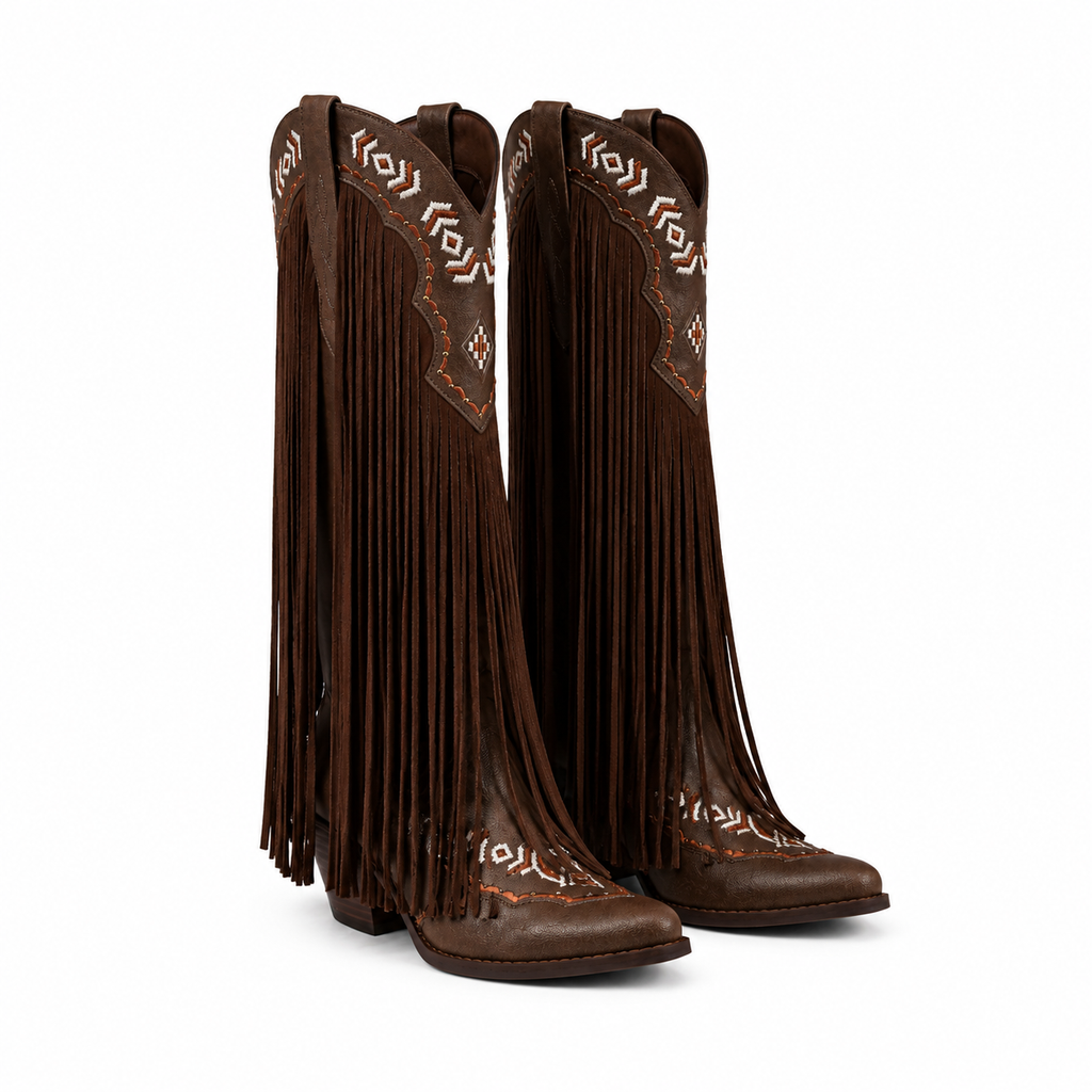 Rich Brown Women's Snip-Toe Sheepskin Leather Embroidered Knee-High Boots