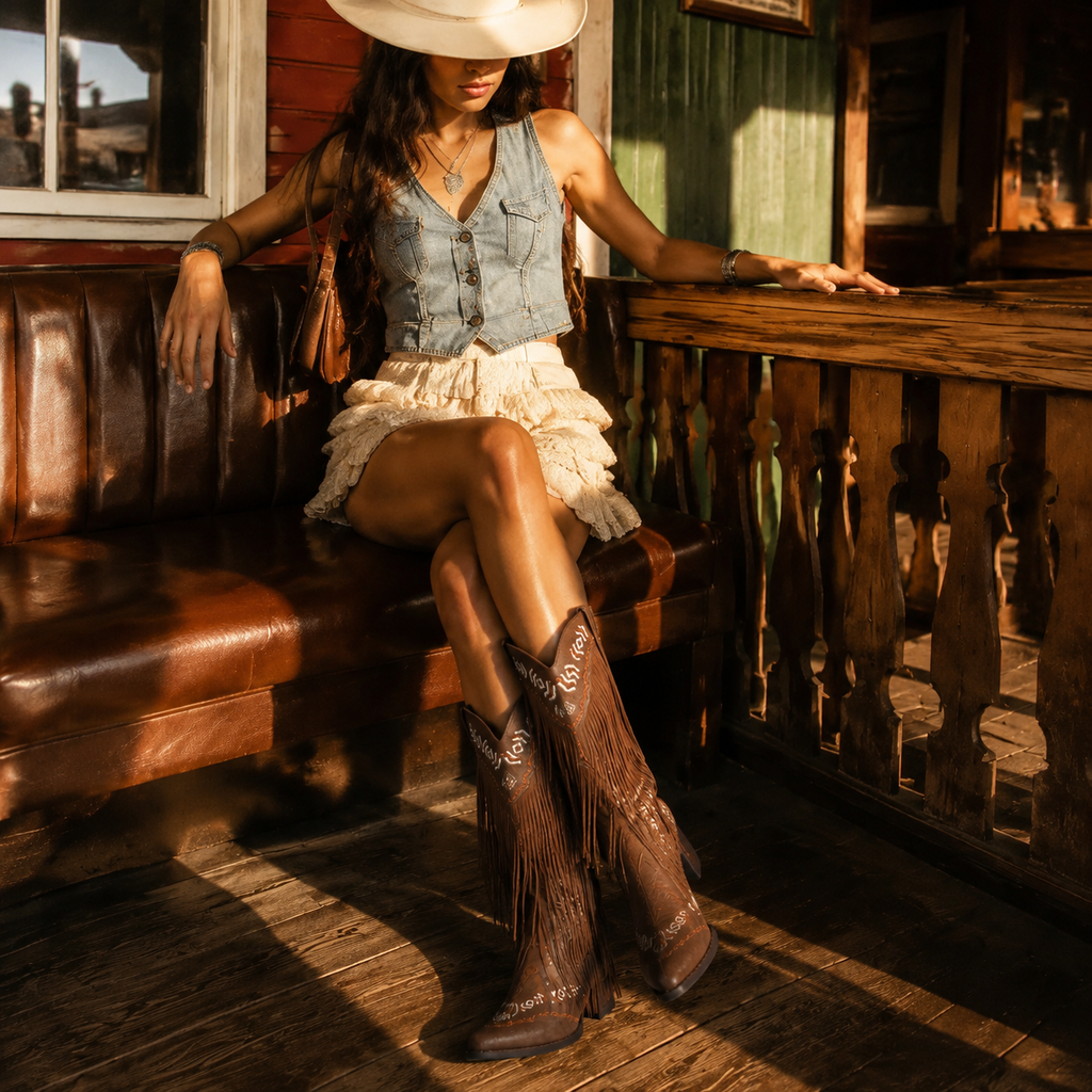 Rich Brown Women's Snip-Toe Sheepskin Leather Embroidered Knee-High Boots lifestyle scene