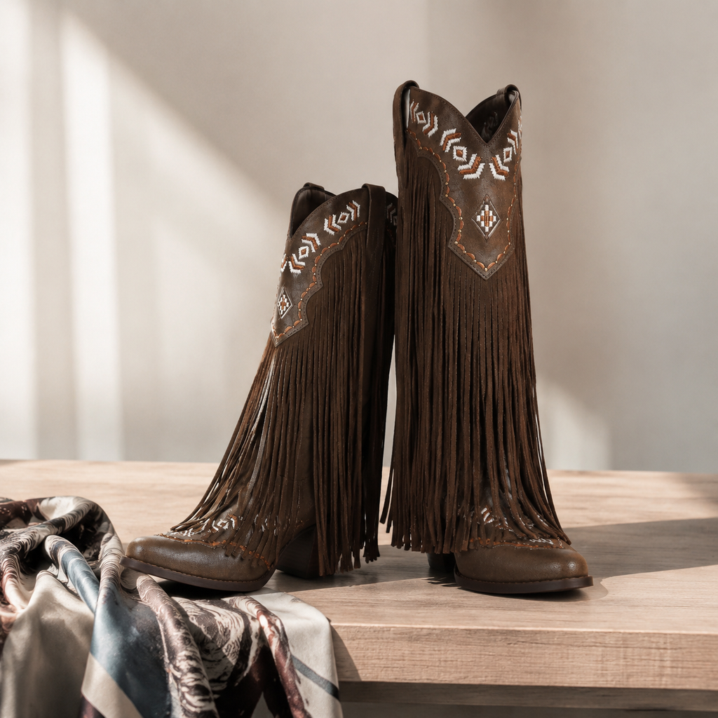 Rich Brown Women's Snip-Toe Sheepskin Leather Embroidered Knee-High Boots styled scene