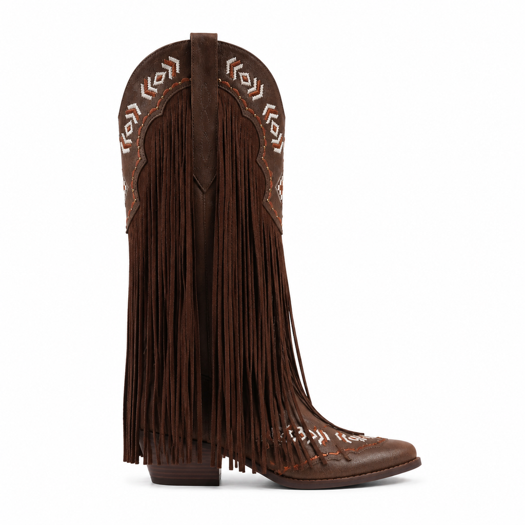 Rich Brown Women's Snip-Toe Sheepskin Leather Embroidered Knee-High Boots side view