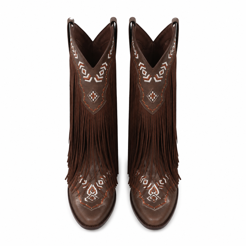 Rich Brown Women's Snip-Toe Sheepskin Leather Embroidered Knee-High Boots top view
