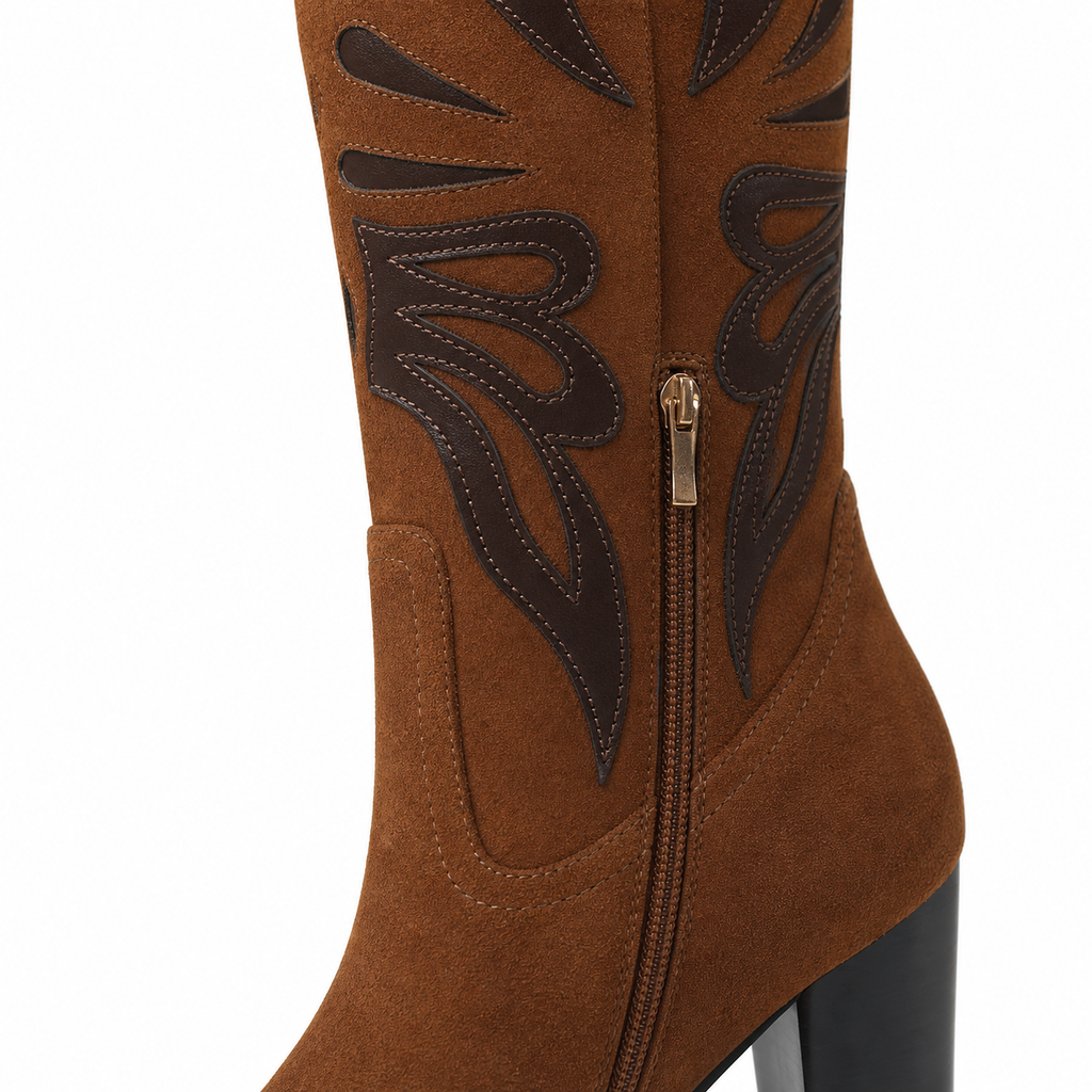Rich Brown Evora Square-Heel Boots close-up detail