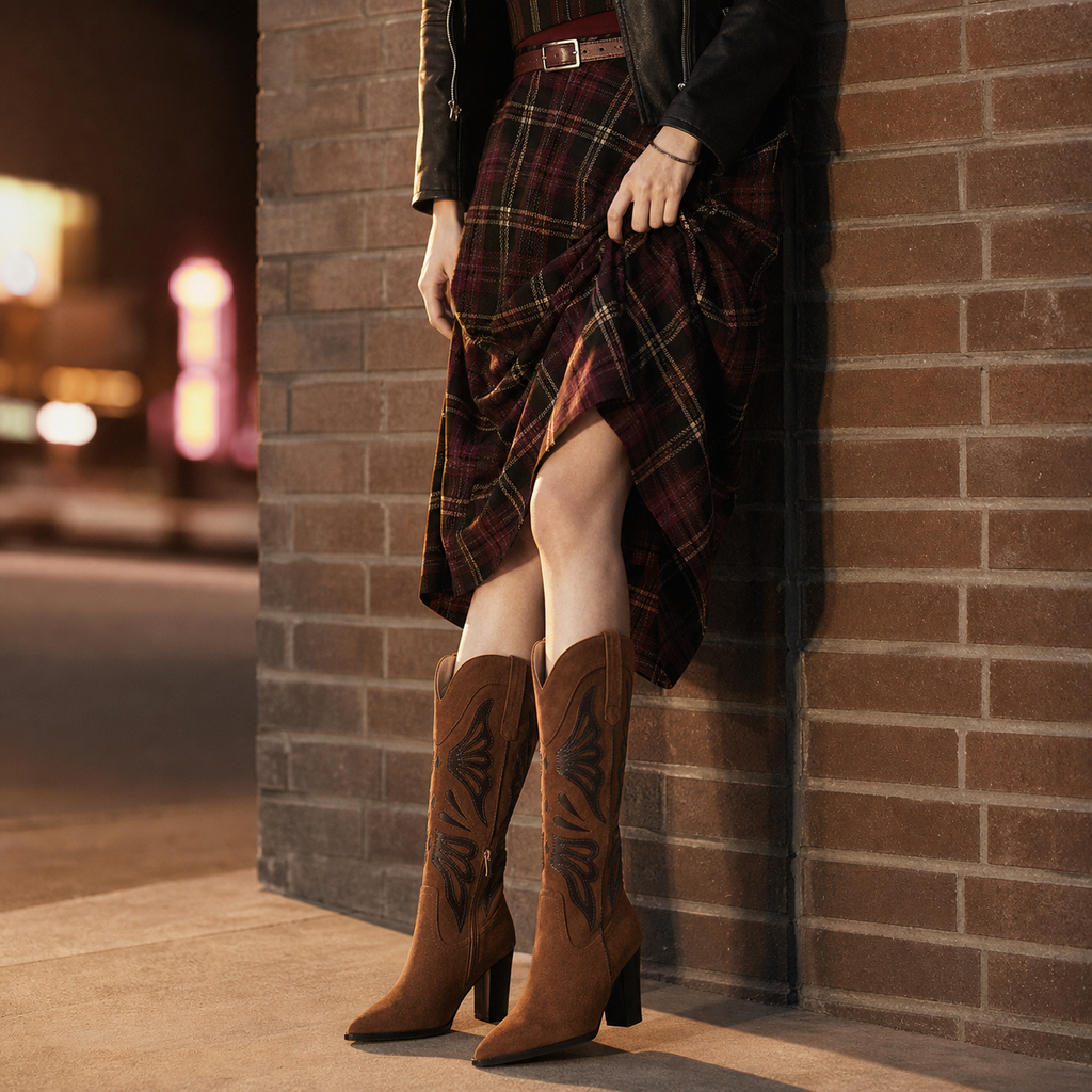 Rich Brown Evora Square-Heel Boots lifestyle scene
