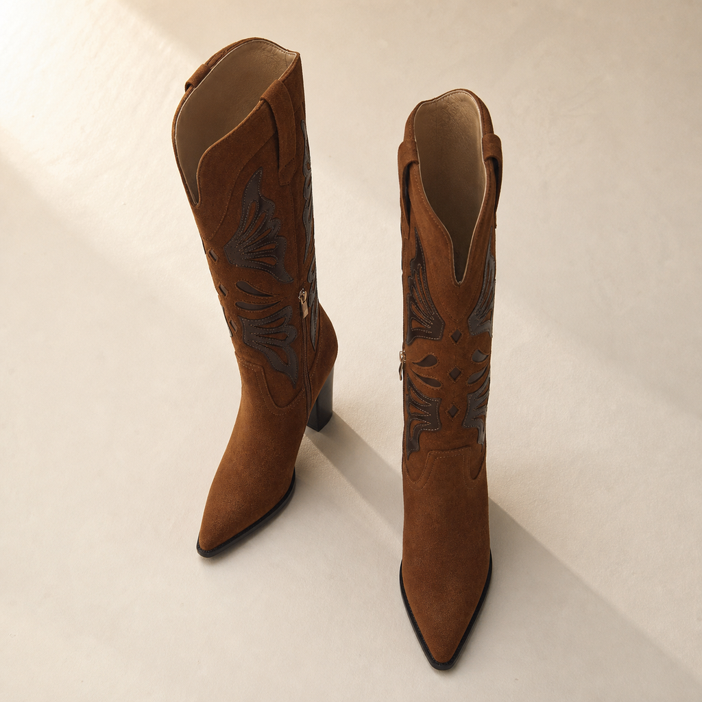 Rich Brown Evora Square-Heel Boots styled scene