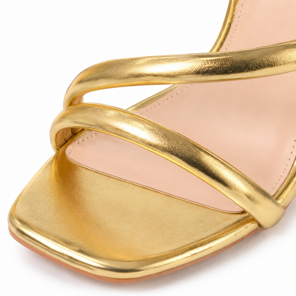 Warm Gold Women's Floral Microfiber Multi-Strap Hollow-Heel Sandals close-up detail