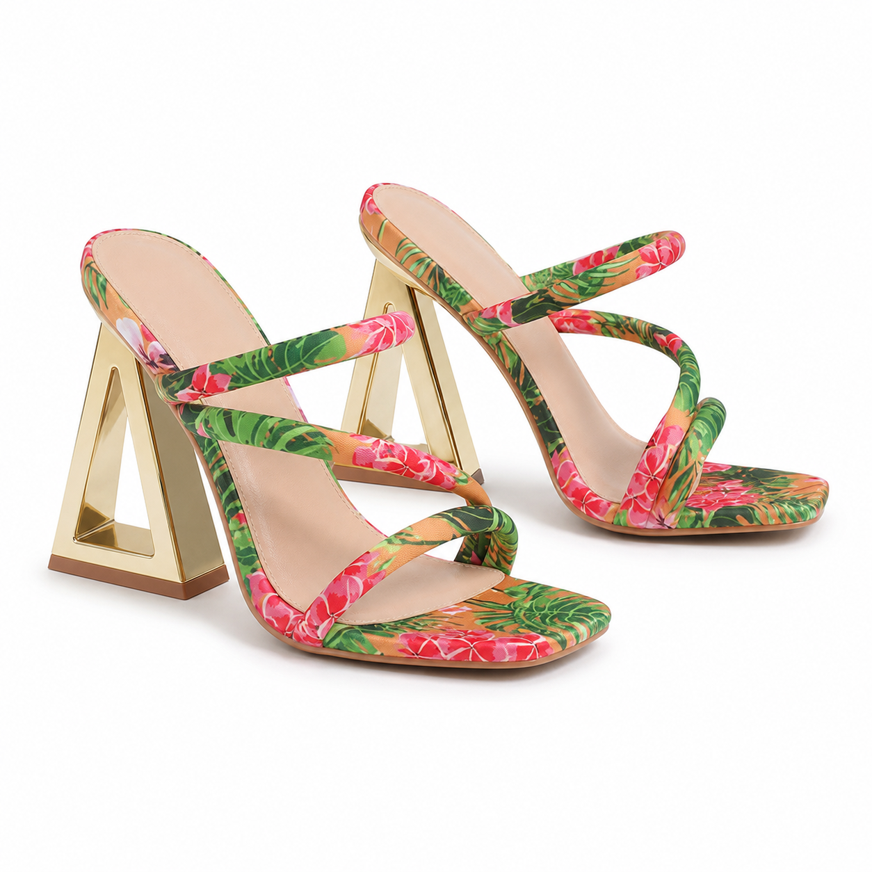 Sage Green Women's Floral Microfiber Multi-Strap Hollow-Heel Sandals