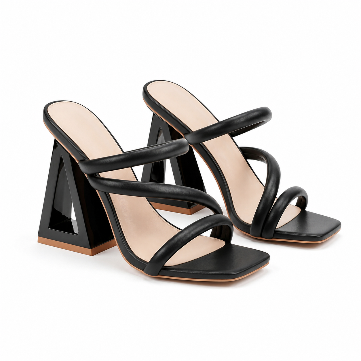 Deep Black Women's Floral Microfiber Multi-Strap Hollow-Heel Sandals