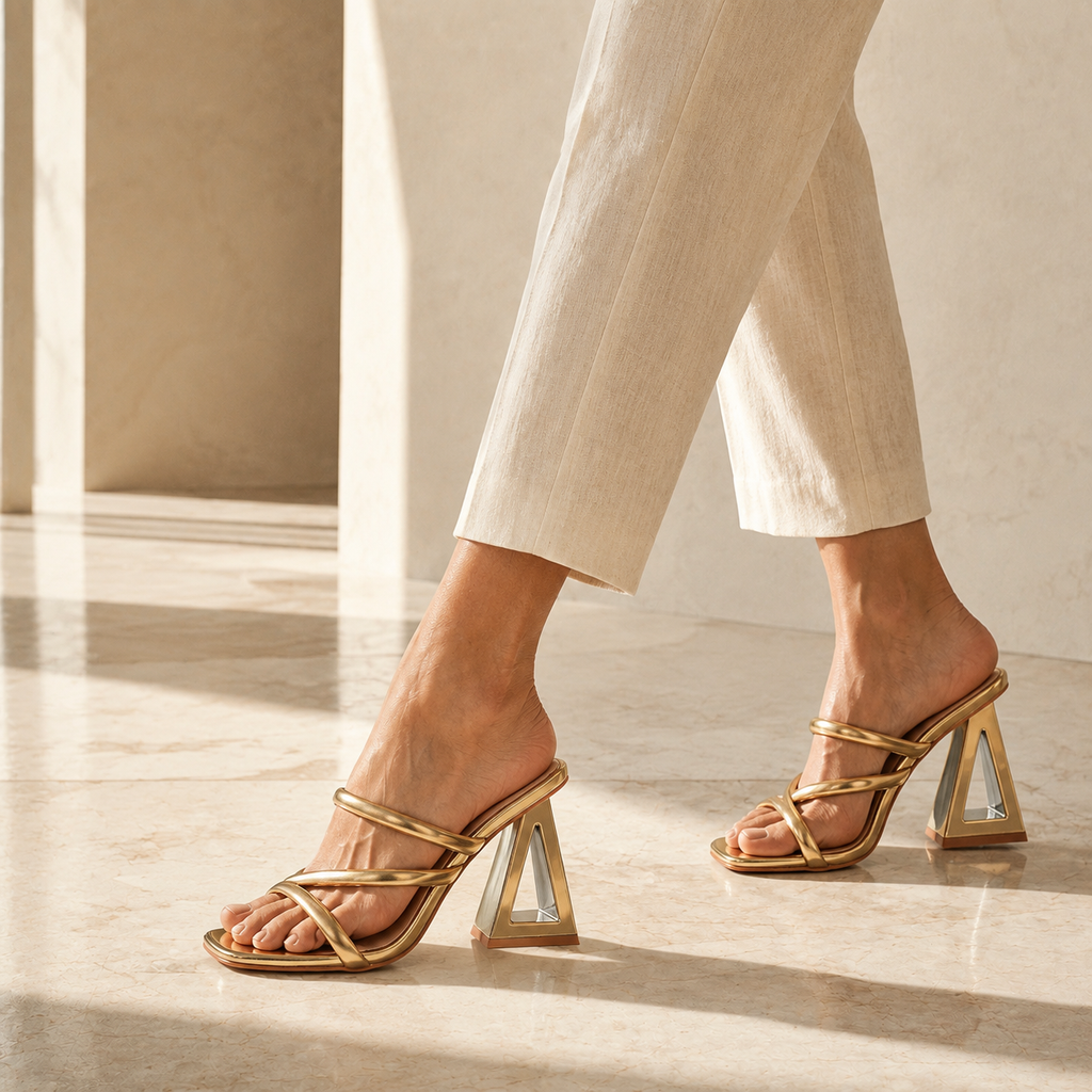Warm Gold Women's Floral Microfiber Multi-Strap Hollow-Heel Sandals on-foot view