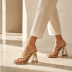 Warm Gold Women's Floral Microfiber Multi-Strap Hollow-Heel Sandals on-foot view