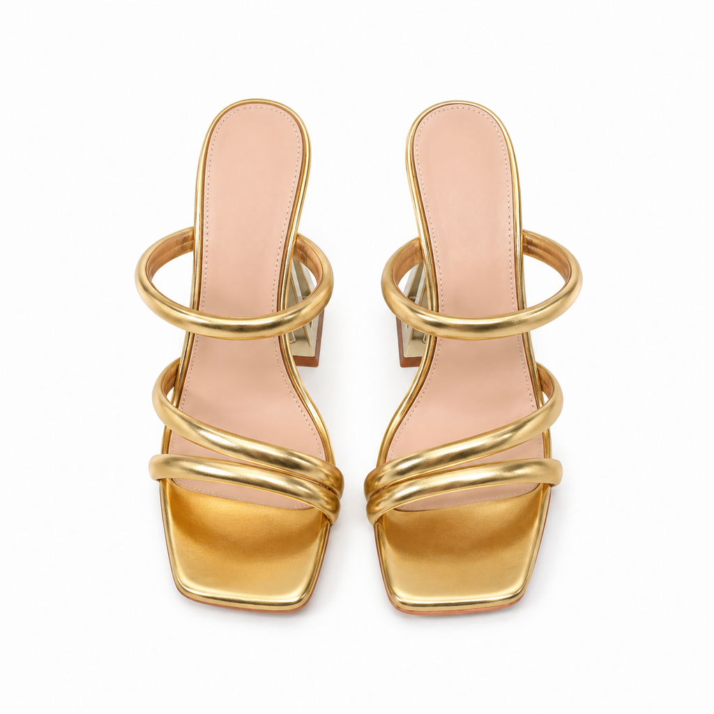 Warm Gold Women's Floral Microfiber Multi-Strap Hollow-Heel Sandals top view