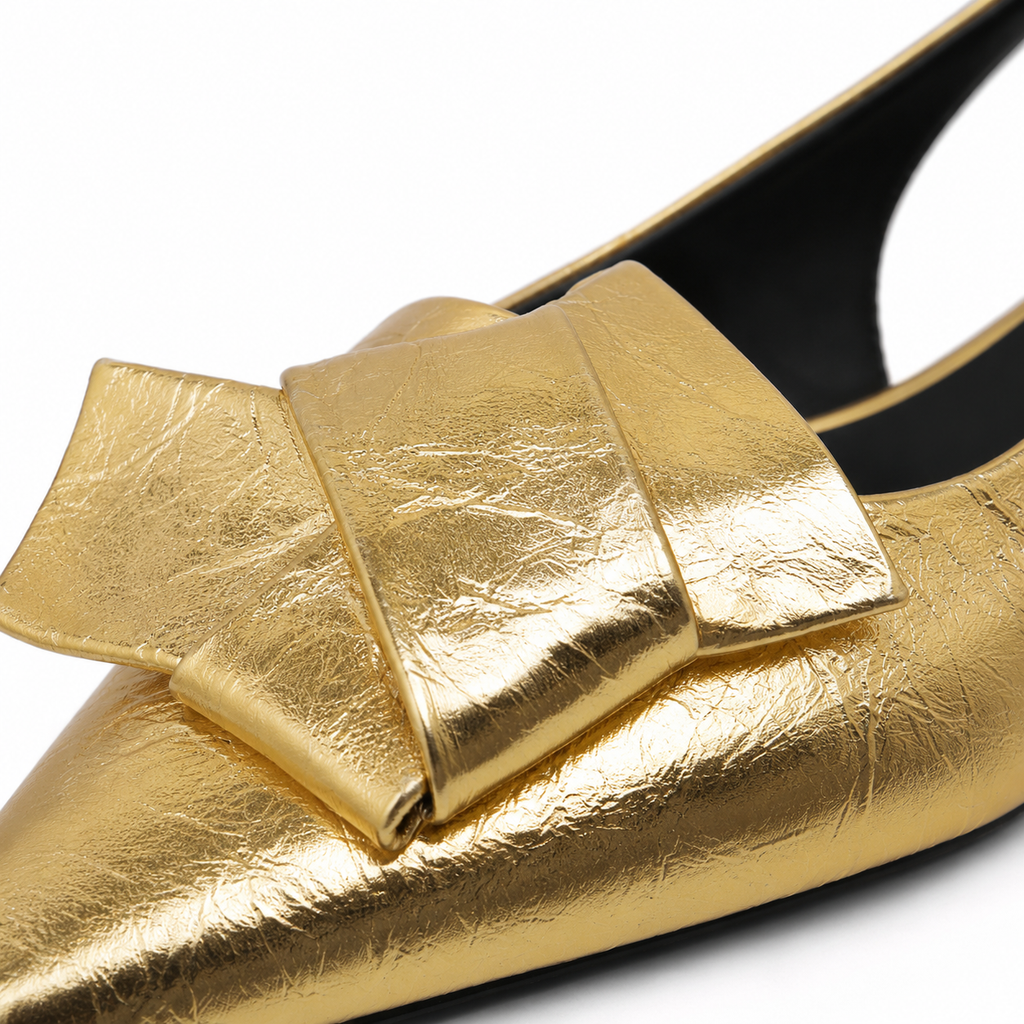 Warm Gold Women's Pointed-Toe Lycra Slingback Flat Sandals close-up detail