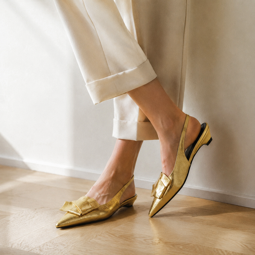 Warm Gold Women's Pointed-Toe Lycra Slingback Flat Sandals on-foot view