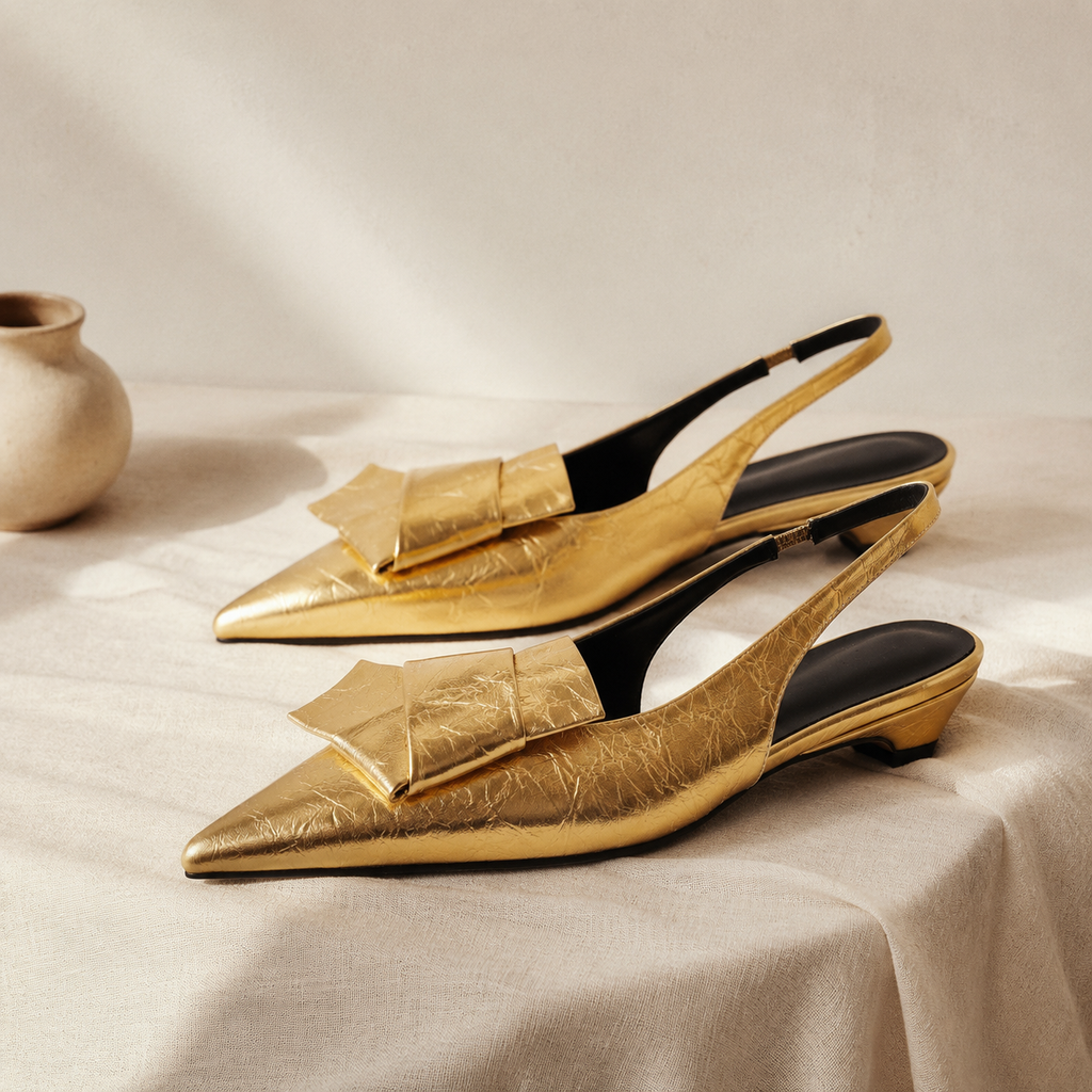 Warm Gold Women's Pointed-Toe Lycra Slingback Flat Sandals styled scene