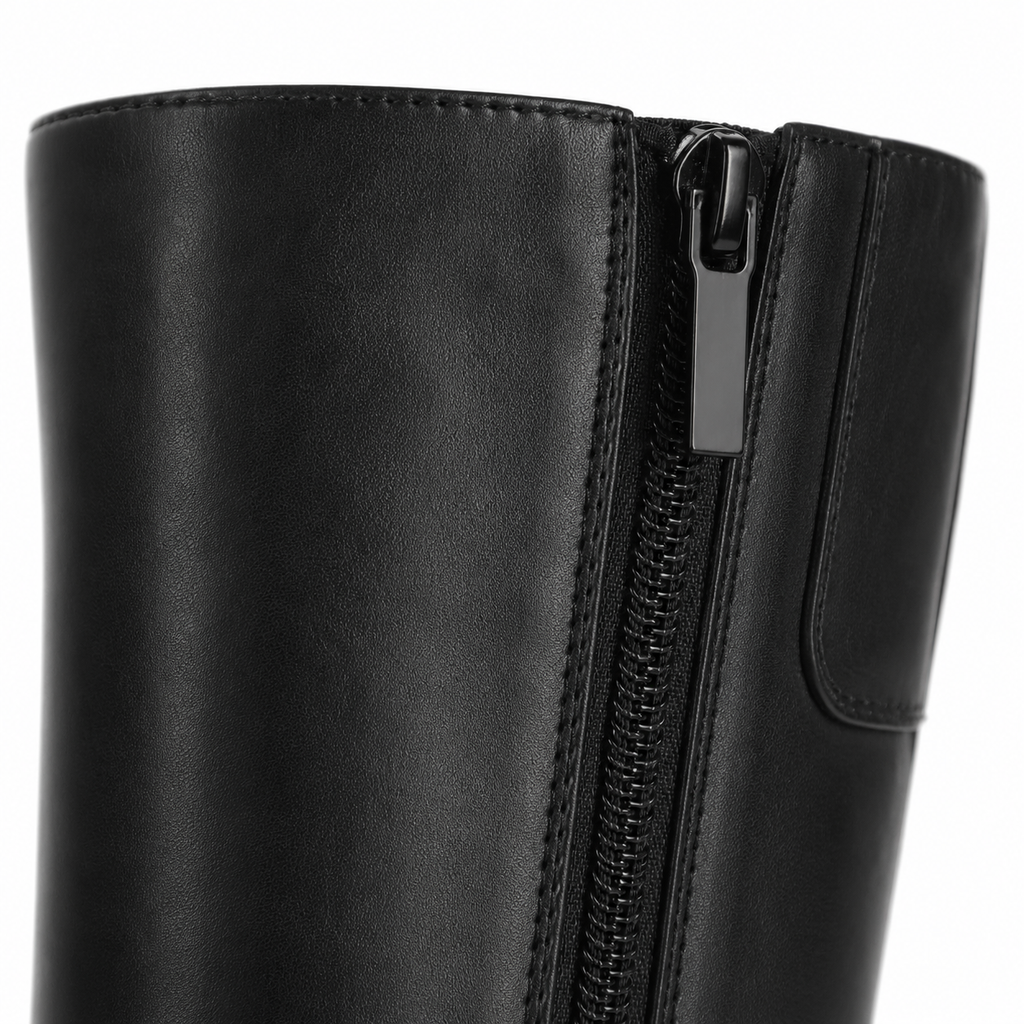 Deep Black Women's Square-Toe Block-Heel Faux Leather Zip Knee-High Boots close-up detail