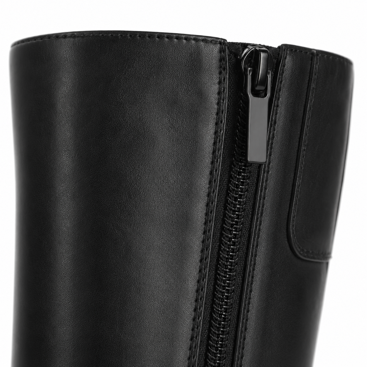 Deep Black Women's Square-Toe Block-Heel Faux Leather Zip Knee-High Boots close-up detail