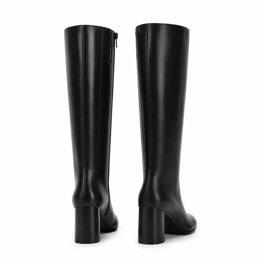 Deep Black Women's Square-Toe Block-Heel Faux Leather Zip Knee-High Boots heel detail