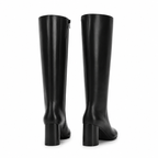 Deep Black Women's Square-Toe Block-Heel Faux Leather Zip Knee-High Boots heel detail
