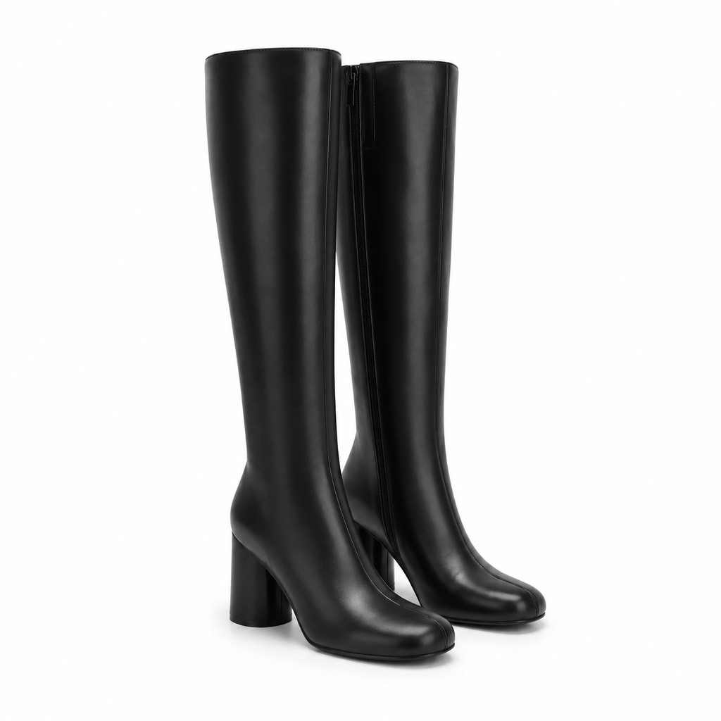 Deep Black Women's Square-Toe Block-Heel Faux Leather Zip Knee-High Boots