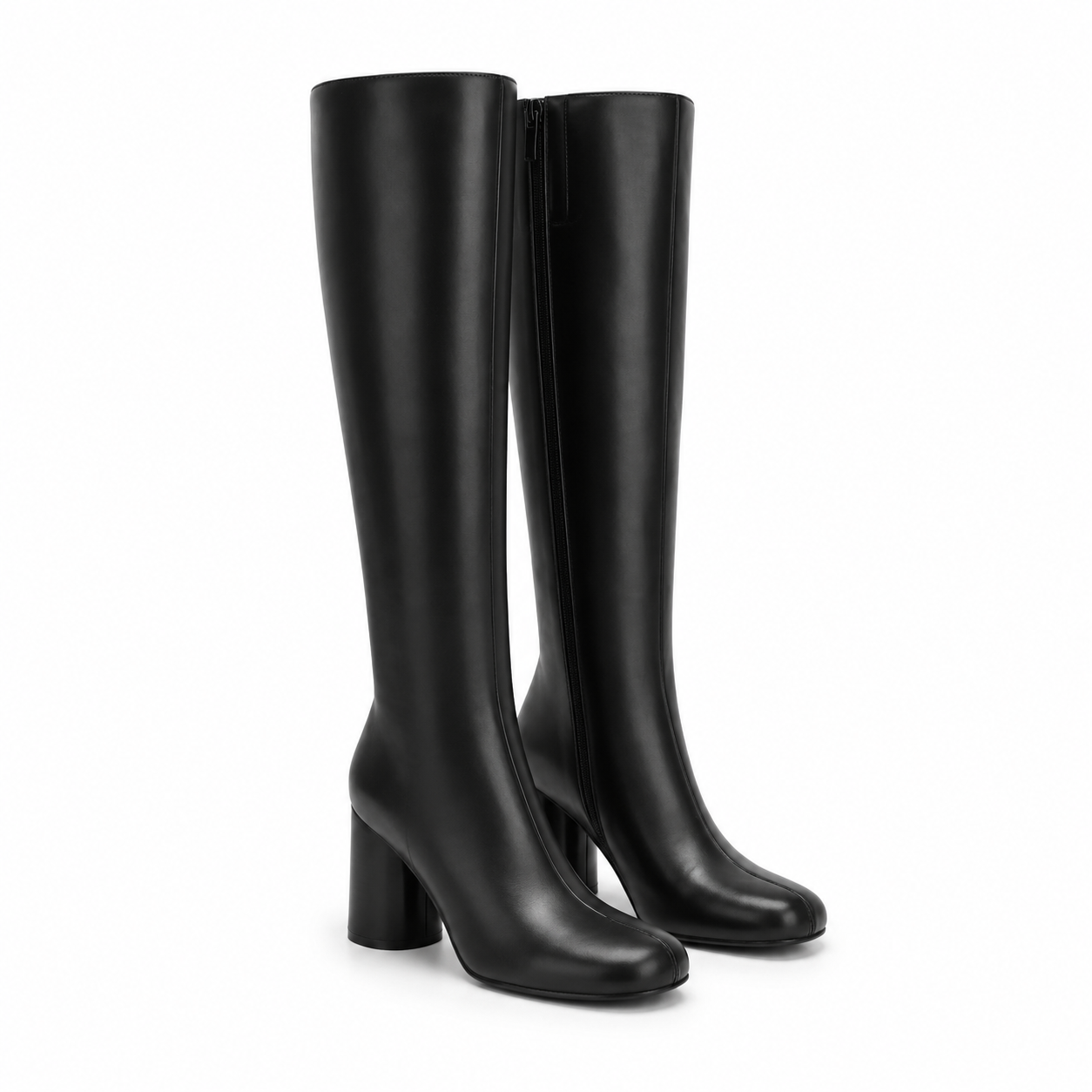 Deep Black Women's Square-Toe Block-Heel Faux Leather Zip Knee-High Boots