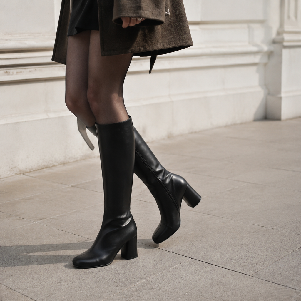 Deep Black Women's Square-Toe Block-Heel Faux Leather Zip Knee-High Boots on-foot view