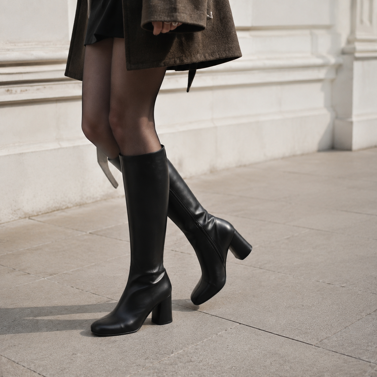 Deep Black Women's Square-Toe Block-Heel Faux Leather Zip Knee-High Boots on-foot view