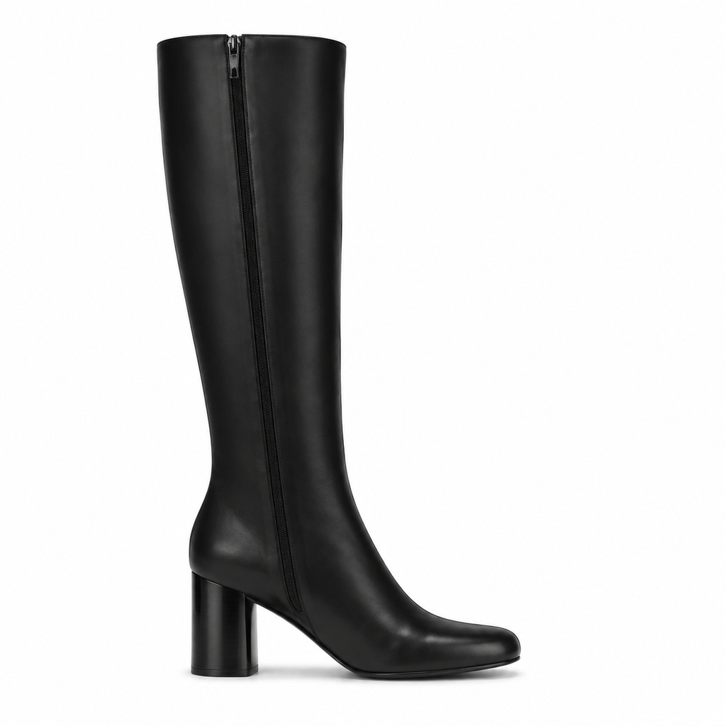 Deep Black Women's Square-Toe Block-Heel Faux Leather Zip Knee-High Boots side view