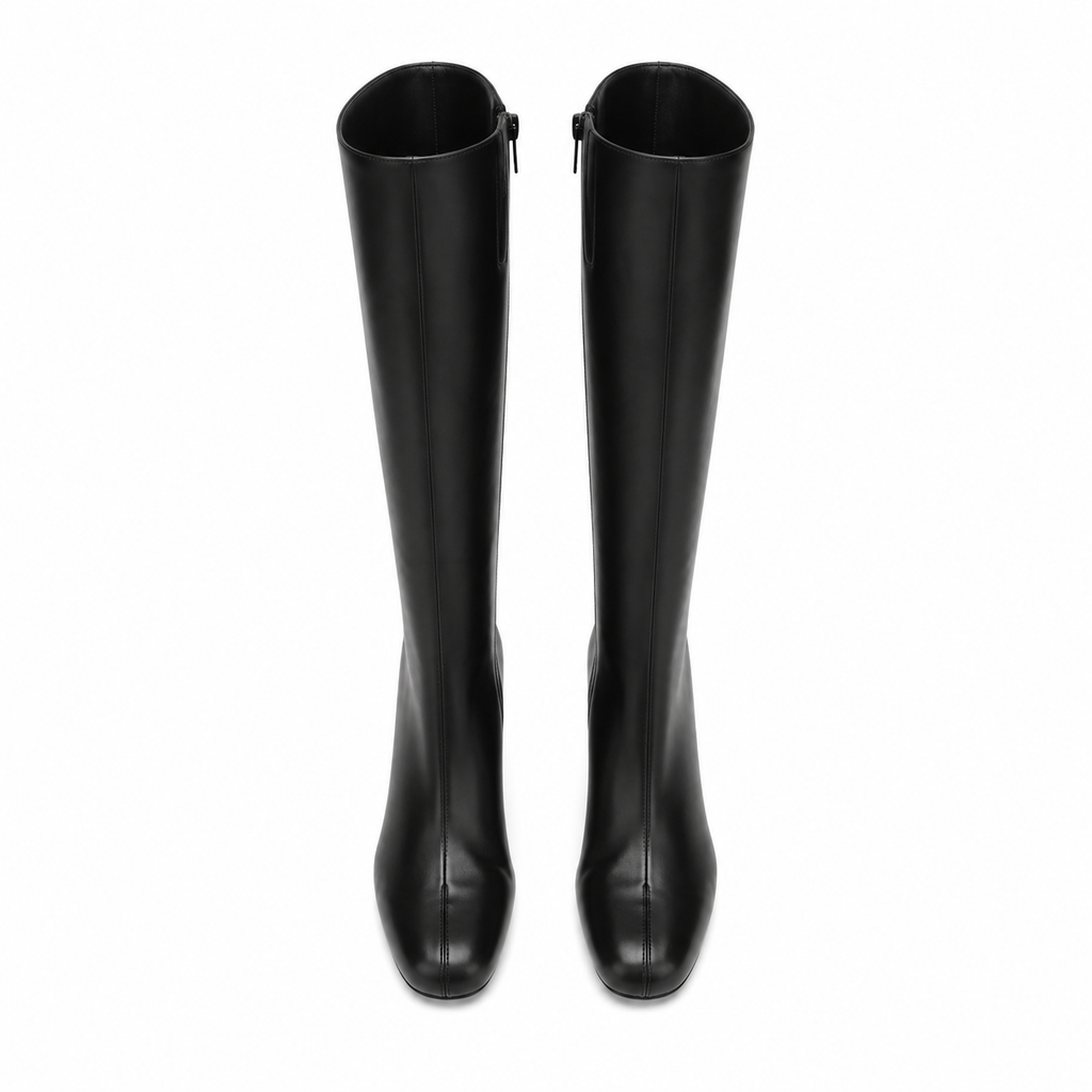 Deep Black Women's Square-Toe Block-Heel Faux Leather Zip Knee-High Boots top view