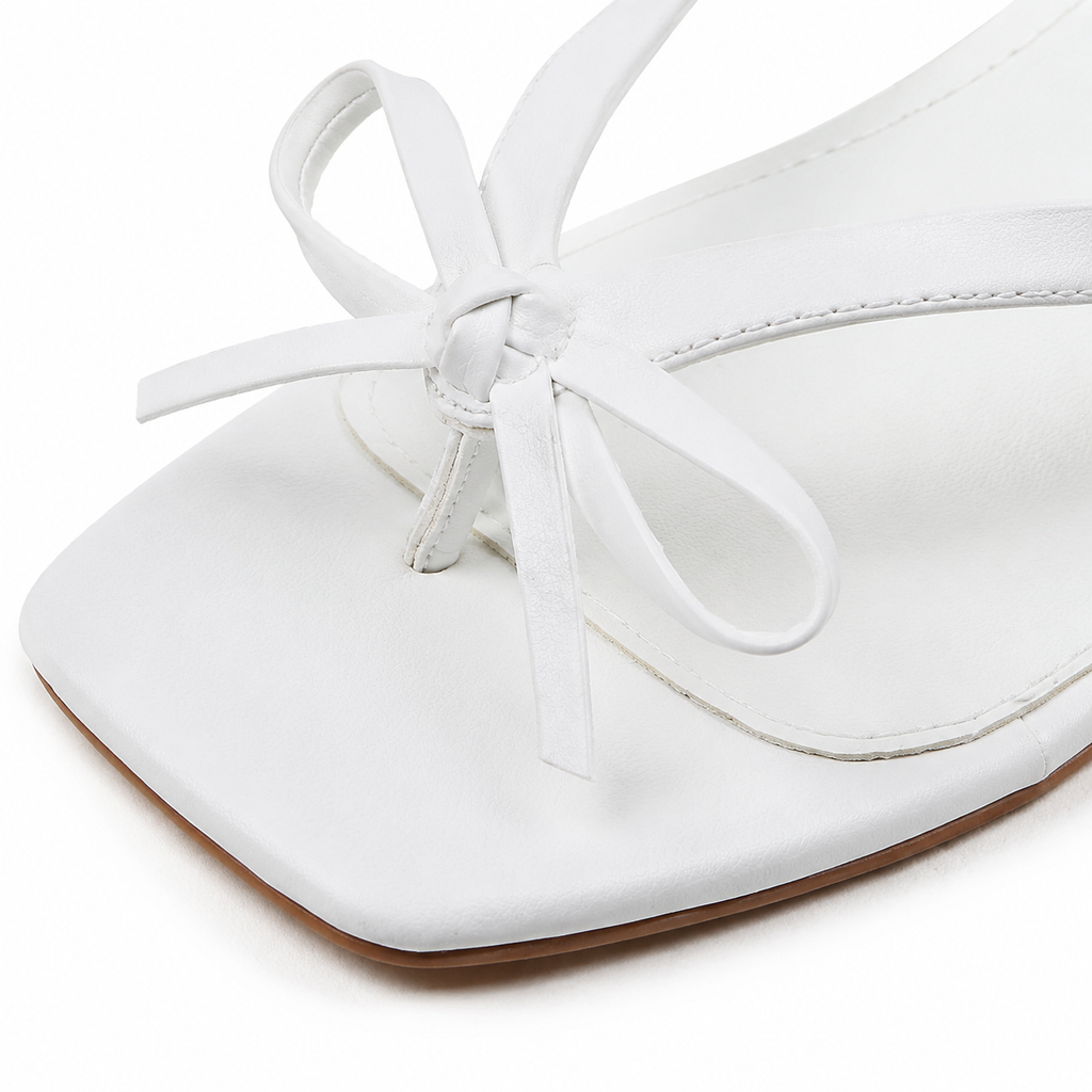 Cream Ivory Women's Open-Toe Leather Thong Heeled Sandals close-up detail