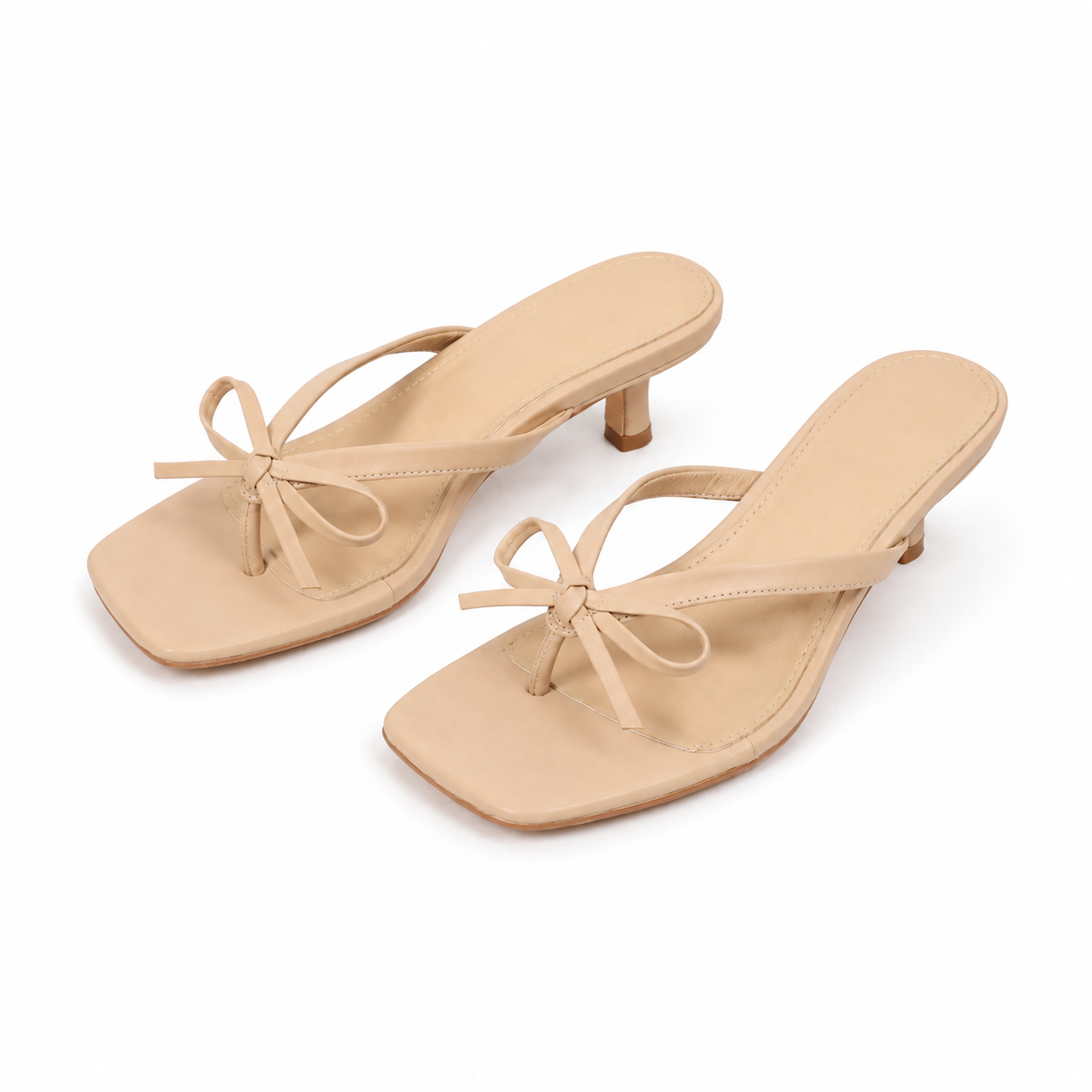 Warm Beige Women's Open-Toe Leather Thong Heeled Sandals