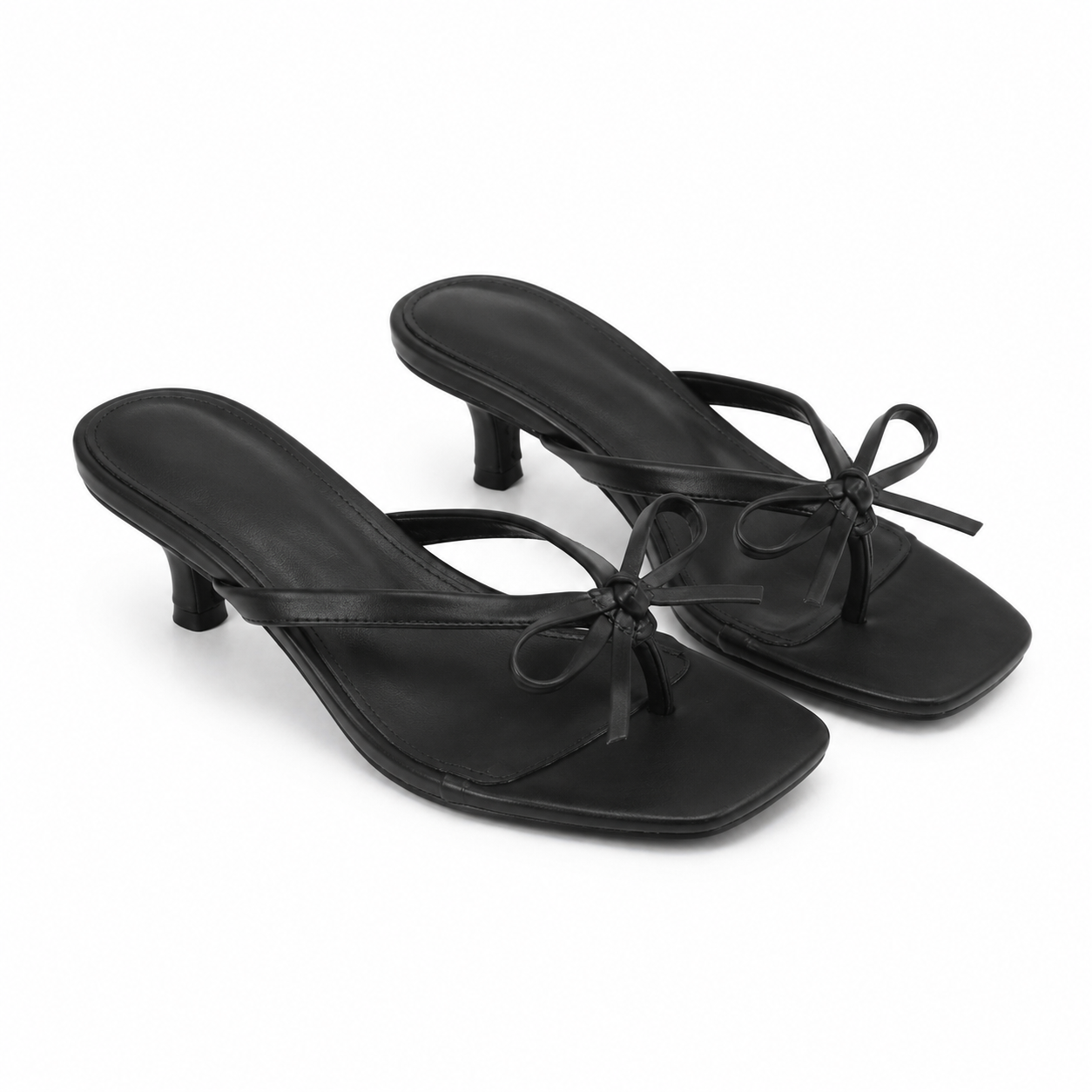 Deep Black Women's Open-Toe Leather Thong Heeled Sandals