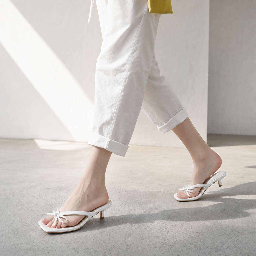 Cream Ivory Women's Open-Toe Leather Thong Heeled Sandals on-foot view
