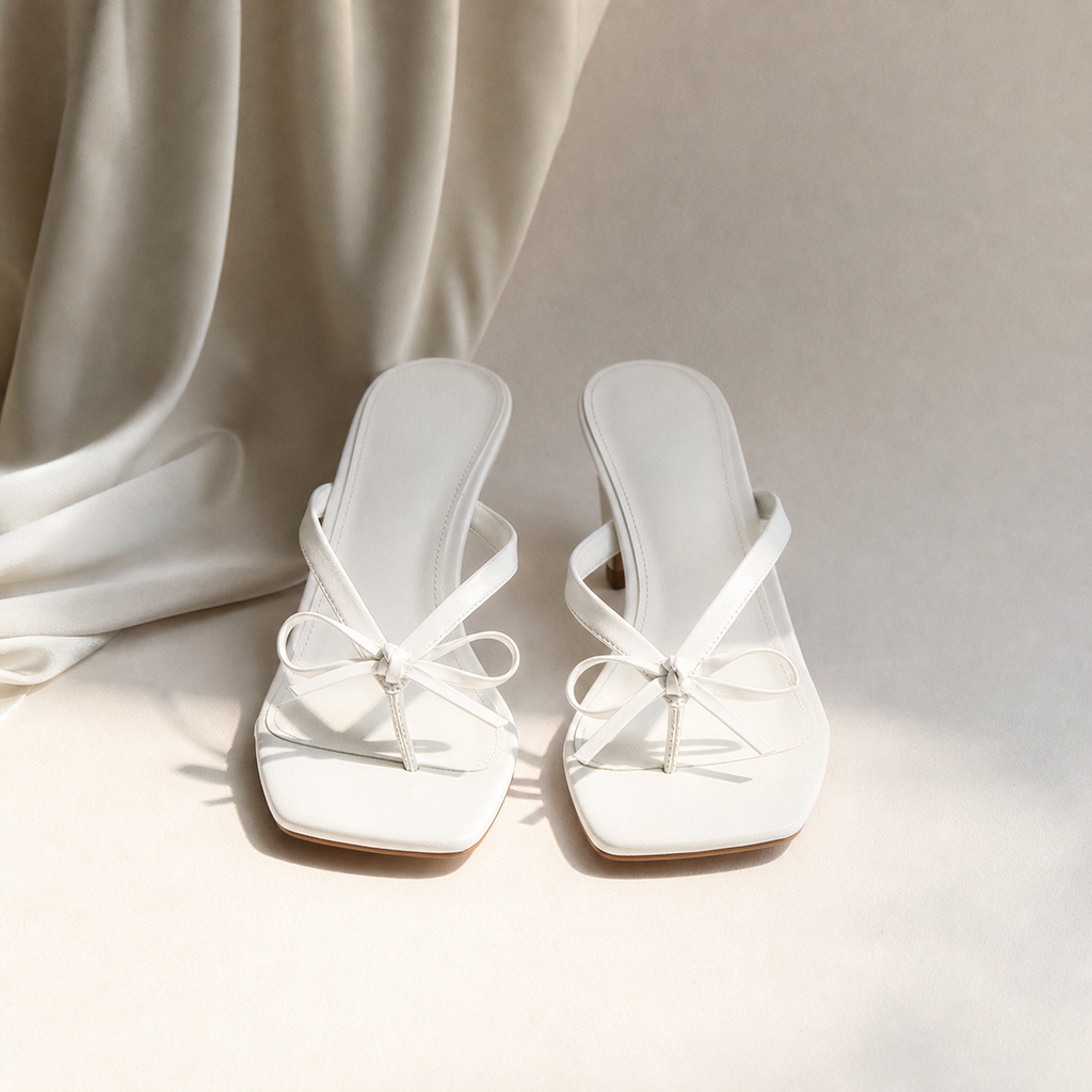 Cream Ivory Women's Open-Toe Leather Thong Heeled Sandals styled scene