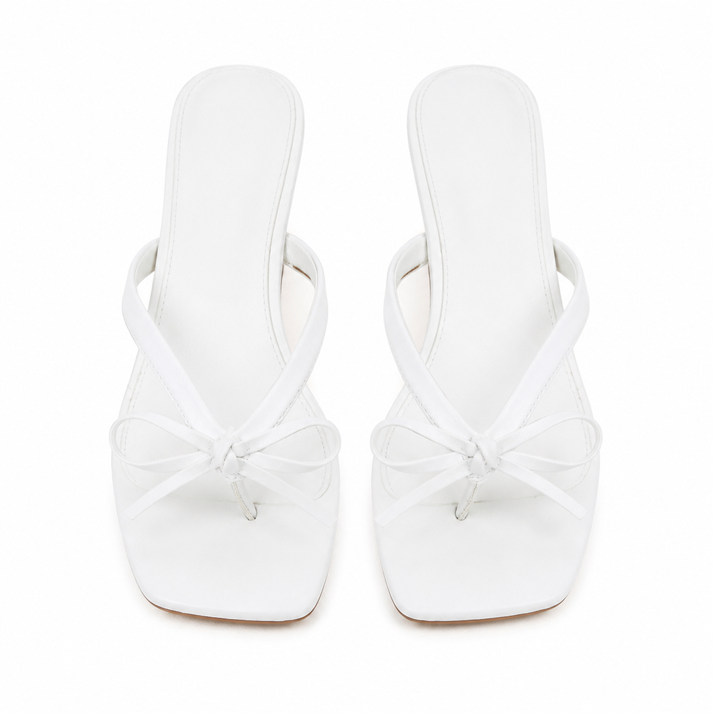 Cream Ivory Women's Open-Toe Leather Thong Heeled Sandals top view