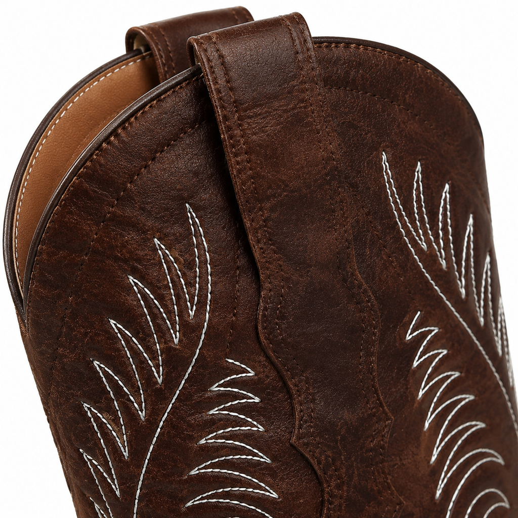 Rich Chocolate Women's Pointed-Toe Stacked-Heel Sheepskin Embroidered Knee-High Boots close-up detail