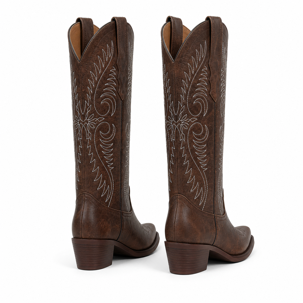 Rich Chocolate Women's Pointed-Toe Stacked-Heel Sheepskin Embroidered Knee-High Boots heel detail