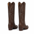 Rich Chocolate Women's Pointed-Toe Stacked-Heel Sheepskin Embroidered Knee-High Boots heel detail