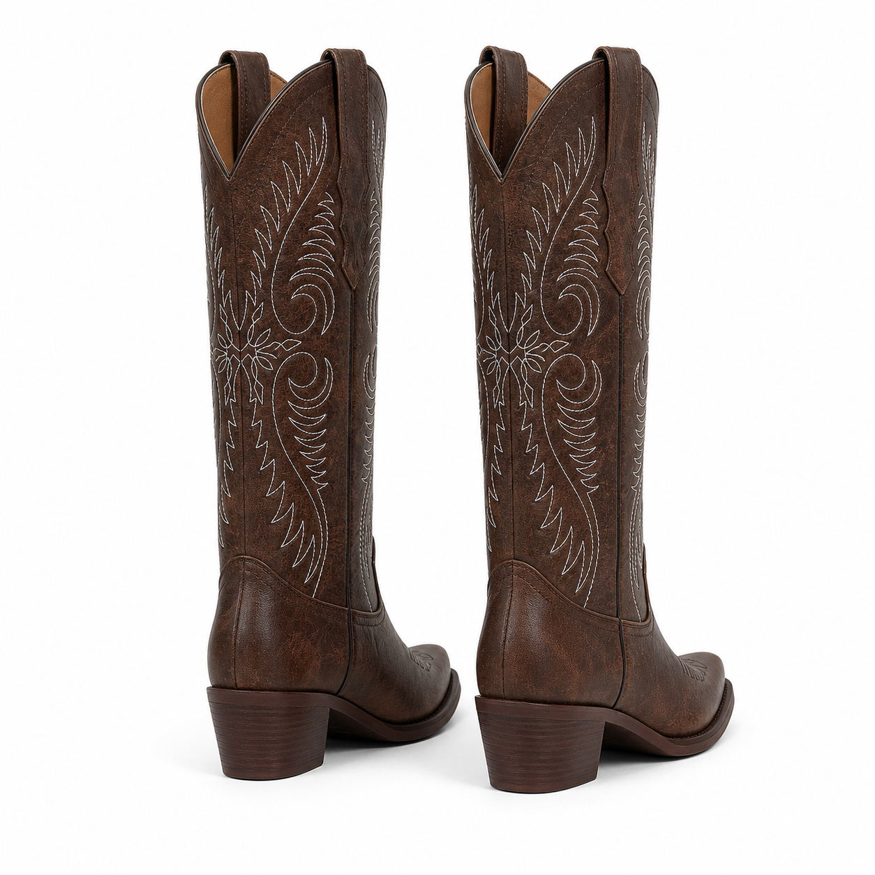 Rich Chocolate Women's Pointed-Toe Stacked-Heel Sheepskin Embroidered Knee-High Boots heel detail